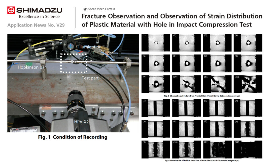 Shimadzu Application News No. V29: Fracture Observation and Observation of Strain Distribution of Plastic Material with Hole in Impact Compression Test.