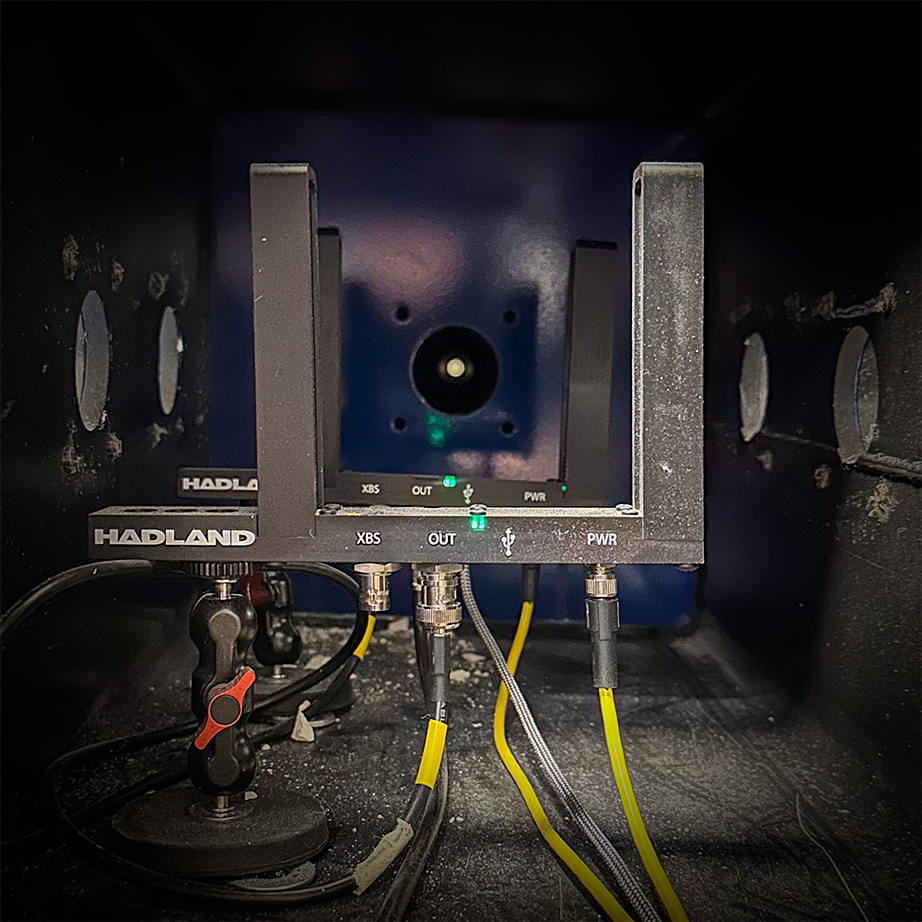 Pair of Hadland Sentry Ballistics Sensors inside experiment tank of PAI .50 Caliber Single-Stage Gas Gun for ultra high-speed imaging in The Vault @ Hadland Imaging, Santa Cruz, CA.