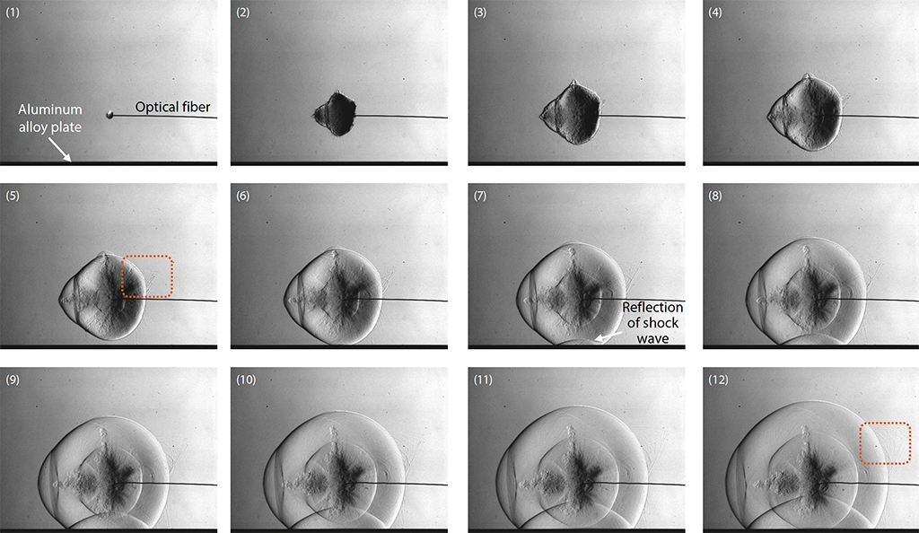 Shimadzu Application News No: 01-00856-EN: Observation of Detonation Wave and Shock Wave Generated by Detonation of a Silver Azide Pellet by Fumiaki Yano & Yuki Nishikawa. Fig. 4 Results of Recording (1) (Time Interval Between Images: 15 μs, Field of View: ~250 mm).