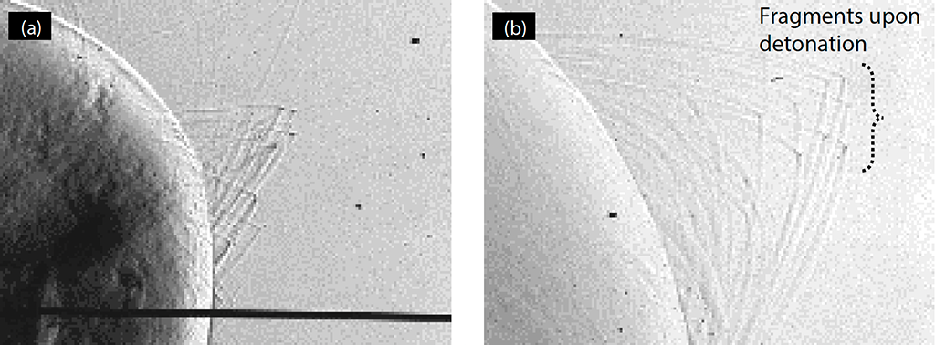 Shimadzu Application News No: 01-00856-EN: Observation of Detonation Wave and Shock Wave Generated by Detonation of a Silver Azide Pellet by Fumiaki Yano & Yuki Nishikawa. Fig. 5 (a) Partial Enlargement of Fig. 4 (5), (b) Partial Enlargement of Fig. 4 (12).