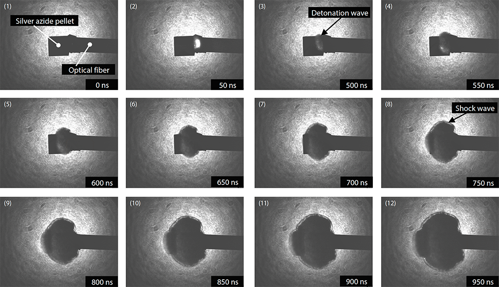Shimadzu Application News No: 01-00856-EN: Observation of Detonation Wave and Shock Wave Generated by Detonation of a Silver Azide Pellet by Fumiaki Yano & Yuki Nishikawa. Fig. 6 Results of Recording (2) (Field of View: ~9 mm).
