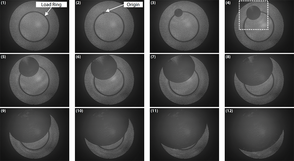 Shimadzu Application News No: 01-00881-EN: Fracture Observation in Glass Ring-on-Ring Bending Tests Using Shimadzu HyperVision HPV-X3 by Yuki Nishikawa & Fumiaki Yano. Fracture Observation in the Ring-on-Ring Bending Test Captured with HPV-X3 (Time Interval Between Images: 1 μs).