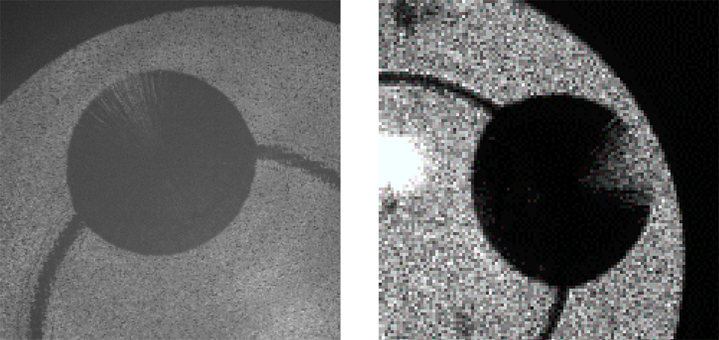 Shimadzu Application News No: 01-00881-EN: Fracture Observation in Glass Ring-on-Ring Bending Tests Using Shimadzu HyperVision HPV-X3 by Yuki Nishikawa & Fumiaki Yano. Enlarged Images of the Fracture Area of the Glass During the Test Captured with HPV-X3 (left) and HPV-X2 (right).