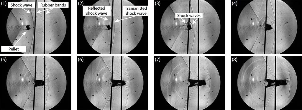 Shimadzu Application News No: 01-00983-EN: Observation of Shock Waves Using the Schlieren Method with the Shimadzu HyperVision HPV-X3 by Yuki Nishikawa. Fig. 5 Observation Images of Pellet Passing through Rubber Band (Time Interval Between Images: ~15 μs).