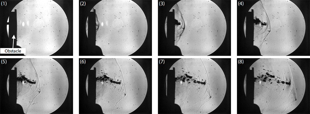Shimadzu Application News No: 01-00983-EN: Observation of Shock Waves Using the Schlieren Method with the Shimadzu HyperVision HPV-X3 by Yuki Nishikawa. Fig. 6 Observation Images of Pellet Impacting and Passing through Obstacle (Time Interval Between Images: ~23 μs).