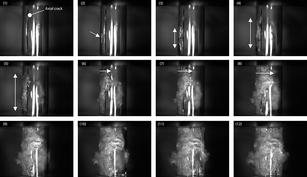 Shimadzu Application News No: 01-01052-EN: 3D-DIC Analysis in Compression Test of Glass Tube by Fumiaki Yano & Yuki Nishikawa. Fig. 3 Condition of Fracture Observation (Time Interval Between Images: 2 μs).