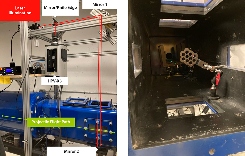 Shimadzu Application News No: 01-00983-EN: Observation of Shock Waves Using the Schlieren Method with the Shimadzu HyperVision HPV-X3 by Yuki Nishikawa. Fig. 3 Experimental Setup and Fig. 4 View of Pellet Path.